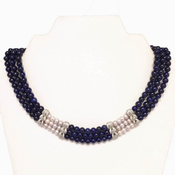 Three Strands Lapis  And Silver Pearl necklace - Picture 2 of 4